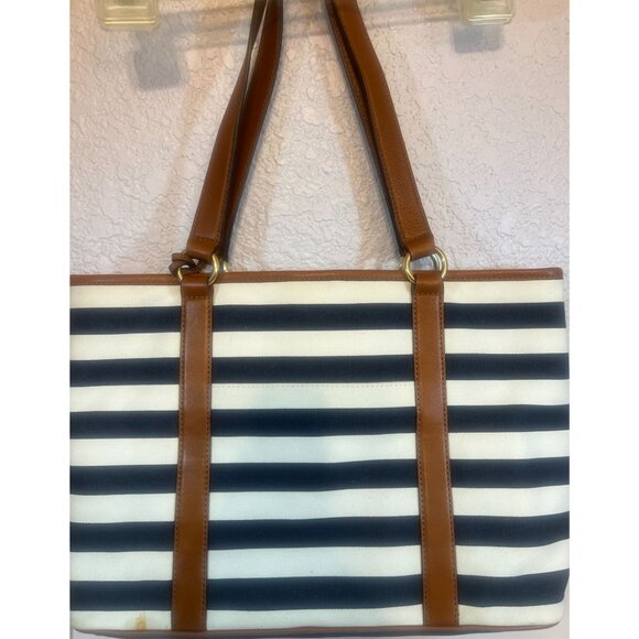 Michael Kors Striped Shoulder Bag Tote Purse Navy White Tan Leather Trim nautica - Picture 1 of 11